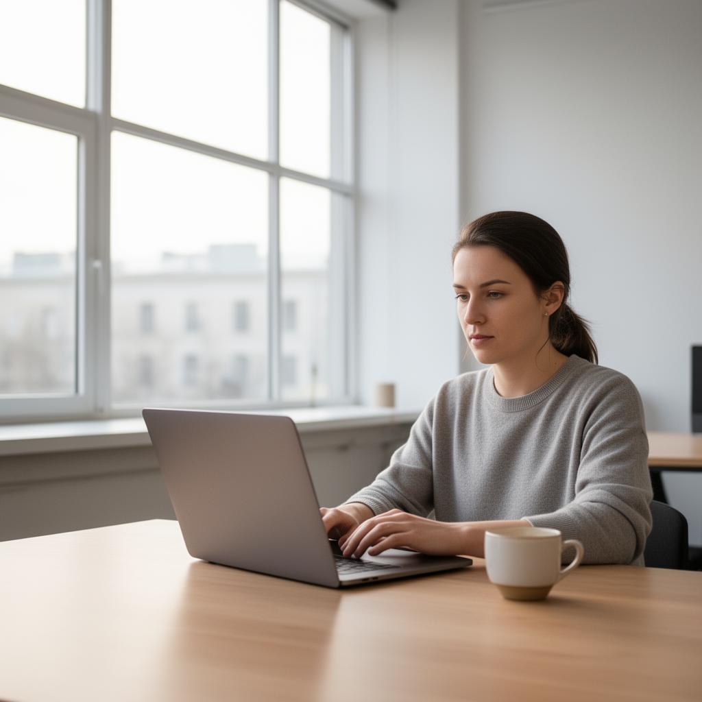 Content writer typing on a laptop in a minimalist coworking space