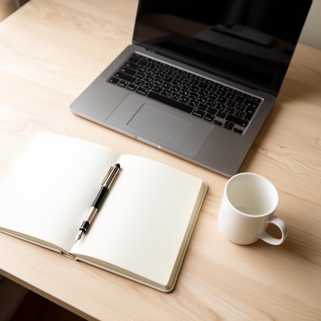 Tidy European workspace with an open laptop and a notebook